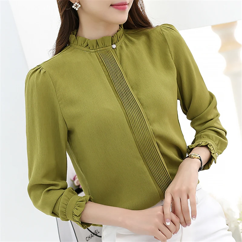 Vente 2016 Nouveau femmes chemisier En Mousseline de Soie Solide Chemise Col montant, plus la taille mode casual blouse à manches longues slim femmes chemises 56C 30