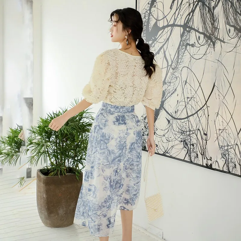 GALCAUR أنيقة النساء اثنين من قطعة مجموعة V الرقبة نفخة كم الضمادات قمم طباعة عالية الخصر غير المتكافئة ميدي تنورة الإناث دعوى الربيع