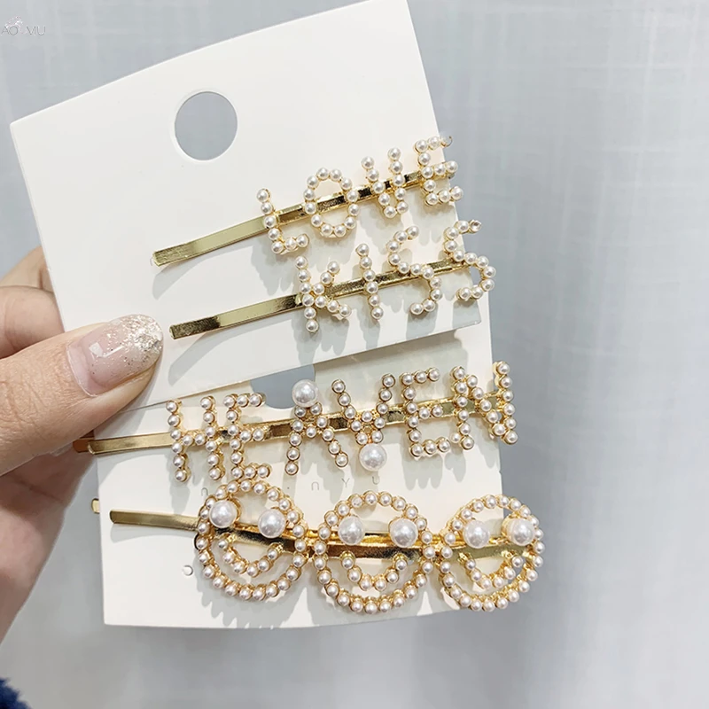 

Korea Chic Imitiation Pearl Smily Face Hairpins Women Letter LOVE KISS SMILE Metal Gold Hair Clips Barrettes Hair Accessories