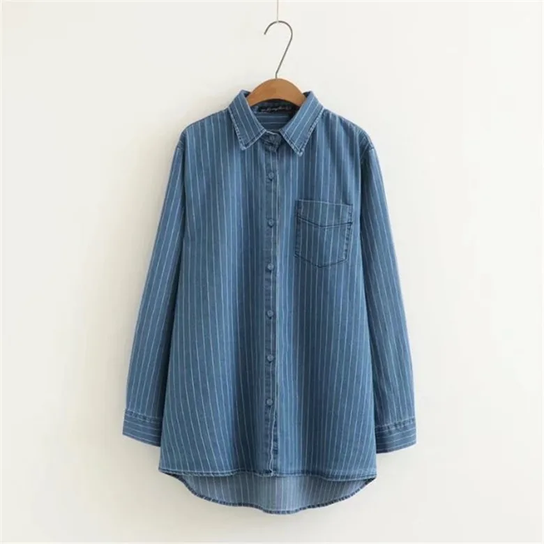  Plus Size 2XL-5XL Denim Blouse Long Sleeved Striped Shirts Vestidos Blusas