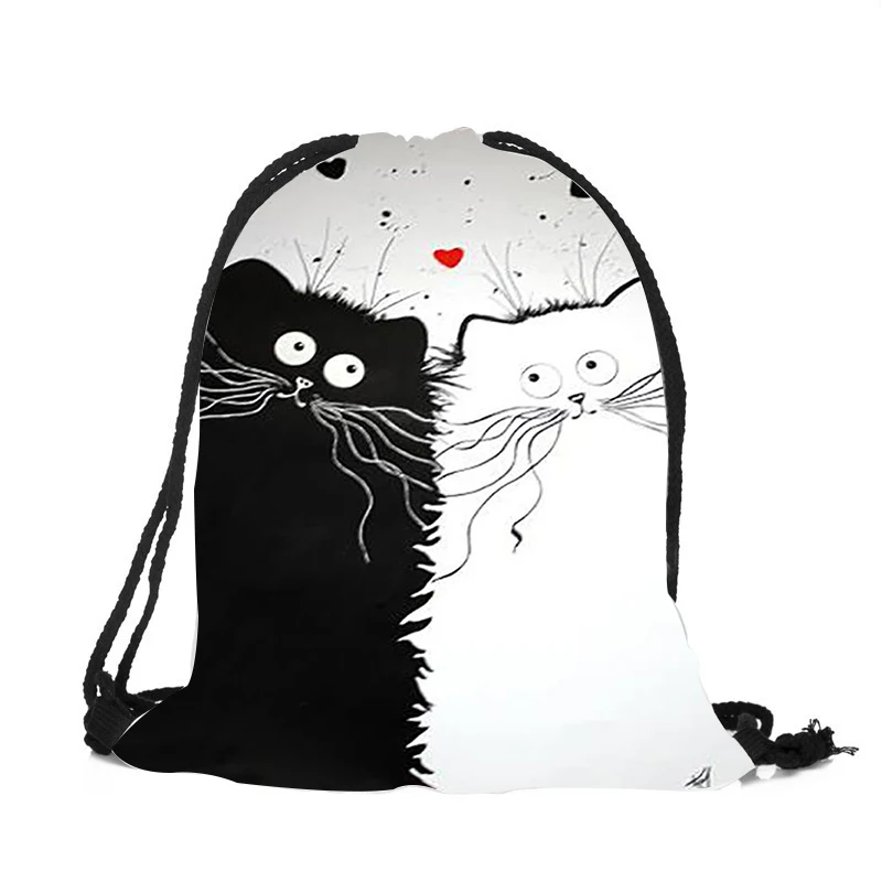 

Simple Unisex Durable Drawstring Backpack Cute Black White Cat Printing Shoulder Bag Ladies Girls Travel Shopping String Bags