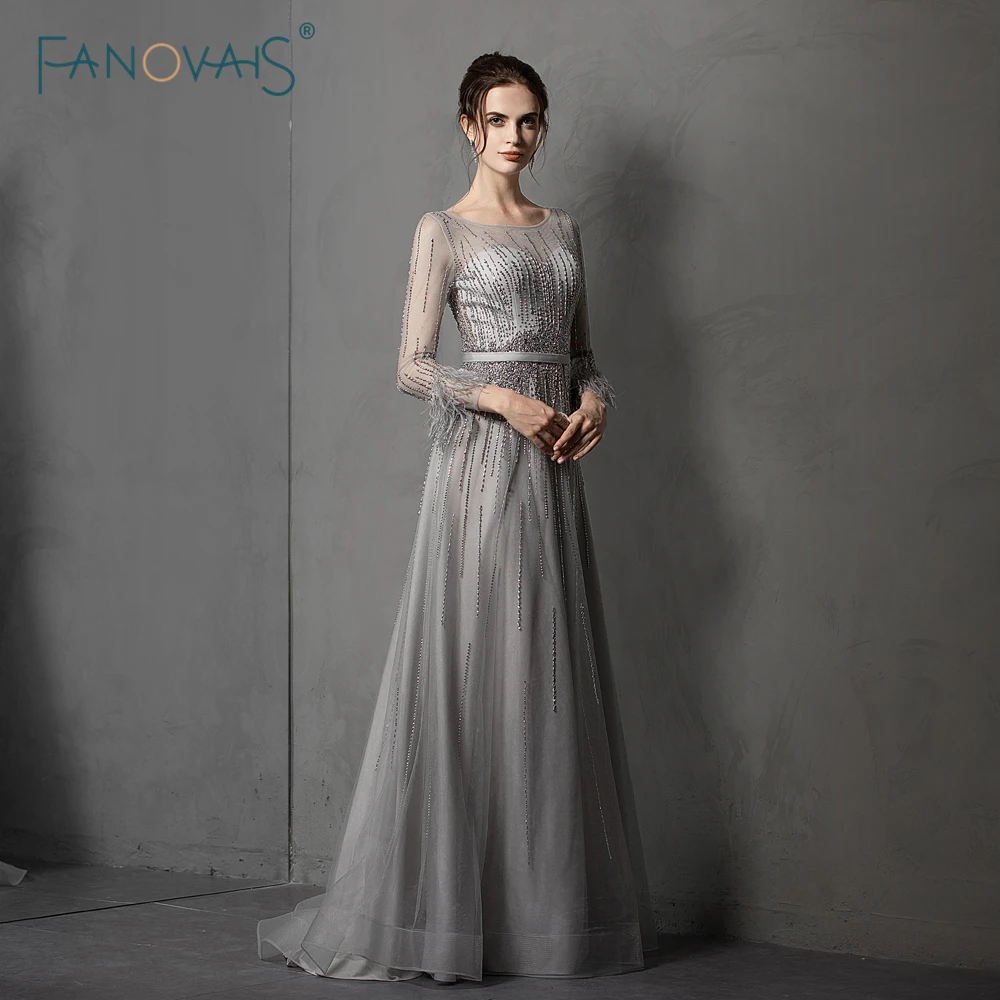 

Elegant Evening Dress Long Sleeves Feather Scoop Tulle Shiny Beaded Evening Gown Formal Evening Gown 2019 Vestido de Fiesta NE91