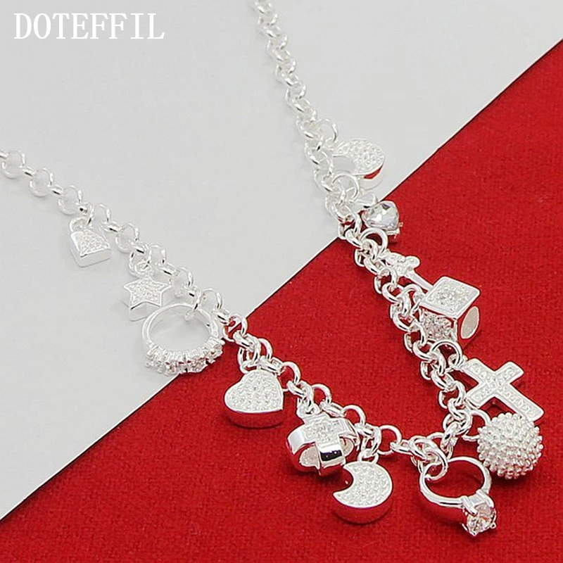 DOTEFFIL 925 Sterling Silver Cross Heart Moon Ball Multiple Pendants Chain Necklace For Woman Wedding Fashion Jewelry Charm - Image 3