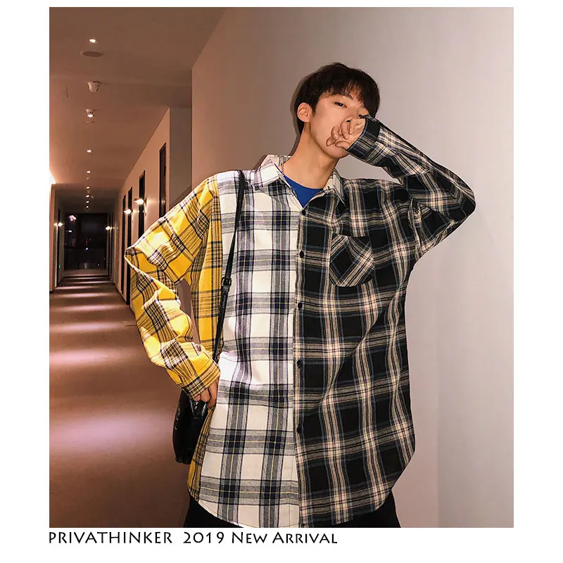 Privathinker Корейская клетчатая рубашка для мужчин Модная Повседневная рубашка с длинным рукавом в стиле хип-хоп Уличная Мужская блузка