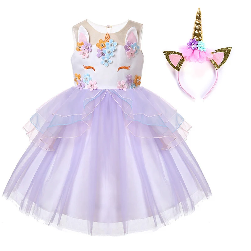 YOFEEL/Радужное платье с единорогом для девочек; карнавальный костюм ангела для выпускного вечера; детское кружевное платье-пачка принцессы; обруч для волос; Комплект крыльев; Вечерние платья на Хэллоуин - Цвет: Dress 03  Purple