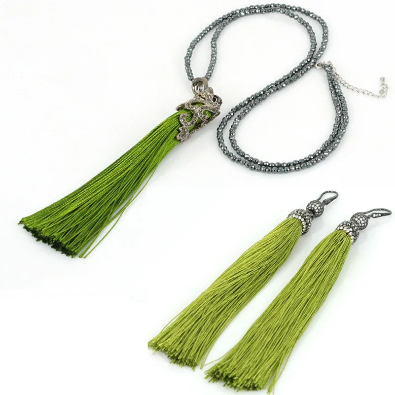 

Natural Angular Stone CZ Ball Connector Charms with Green Silk Long Tassel Earring Hematite Bead Necklace Jewelry Set for Women