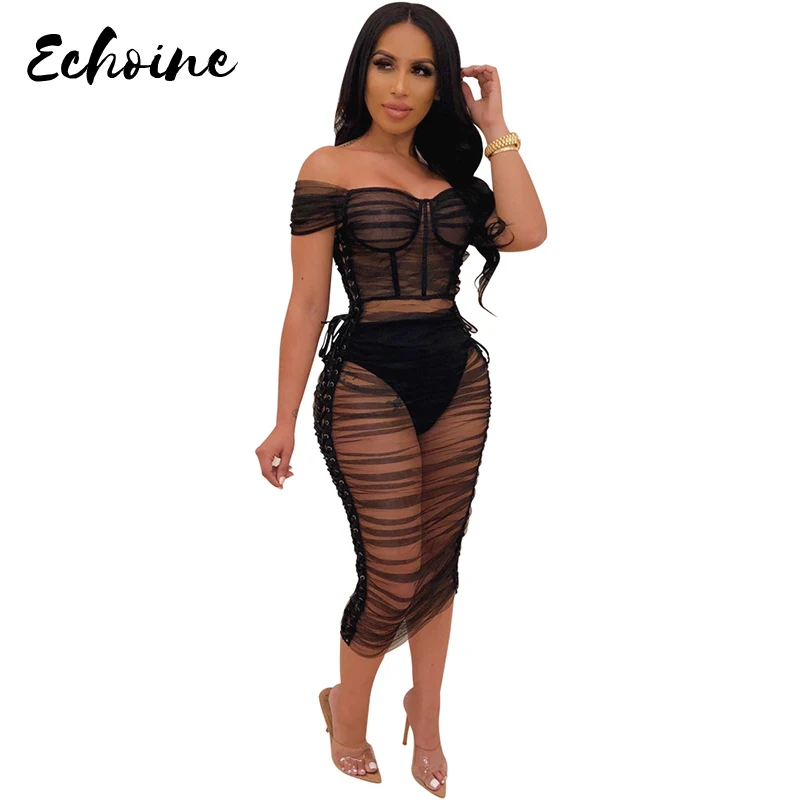 

Echoine Women Summer Sexy Slash Neck Off Shoulder Mesh See Through Lace Up Bodycon Midi Dress Red/Black Party Night Club Outfits