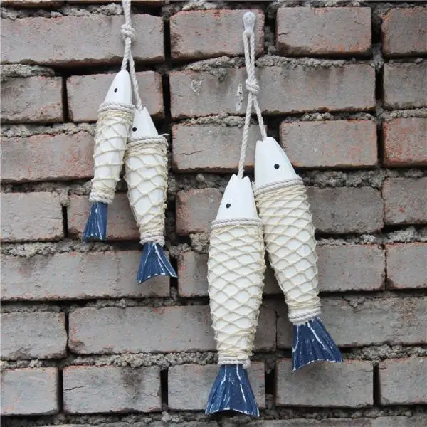 2pcs Mediterranean Hand Carved Wood Marine Fish Rope Craft Hanging Decor Bedroom Wall Artwork Decor 