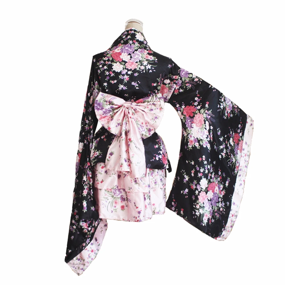 Japanese Kimono Sakura Printed Lolita Pink Short Sexy Layered Skirt Maid Cosplay Costume Halloween Fancy Dress for Women japanese kimono