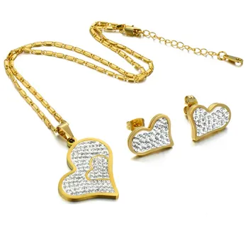 

Bridal Jewelry Sets Stainless Steel Gold Color Cubic Zirconia Love Heart Earrings Pendant Necklace For Women Jewelry