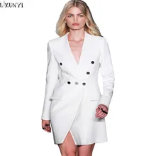 LXUNYI Осень Подиум блейзеры женские длинные модные v-образный вырез тонкий костюм куртка пальто двубортный блейзер Feminino белый