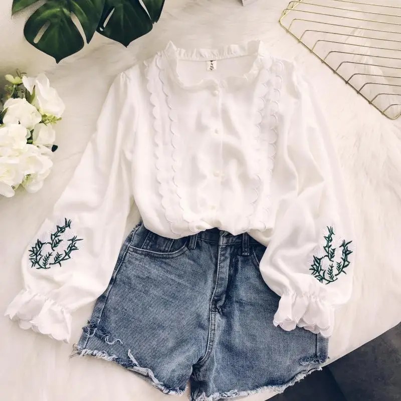 Autumn Women Blending Graceful Wave Ruched Long Lantern Sleeve Embroidery Cardigan Blouse Shirt Ladies Urban Sweet Ruffles Suits