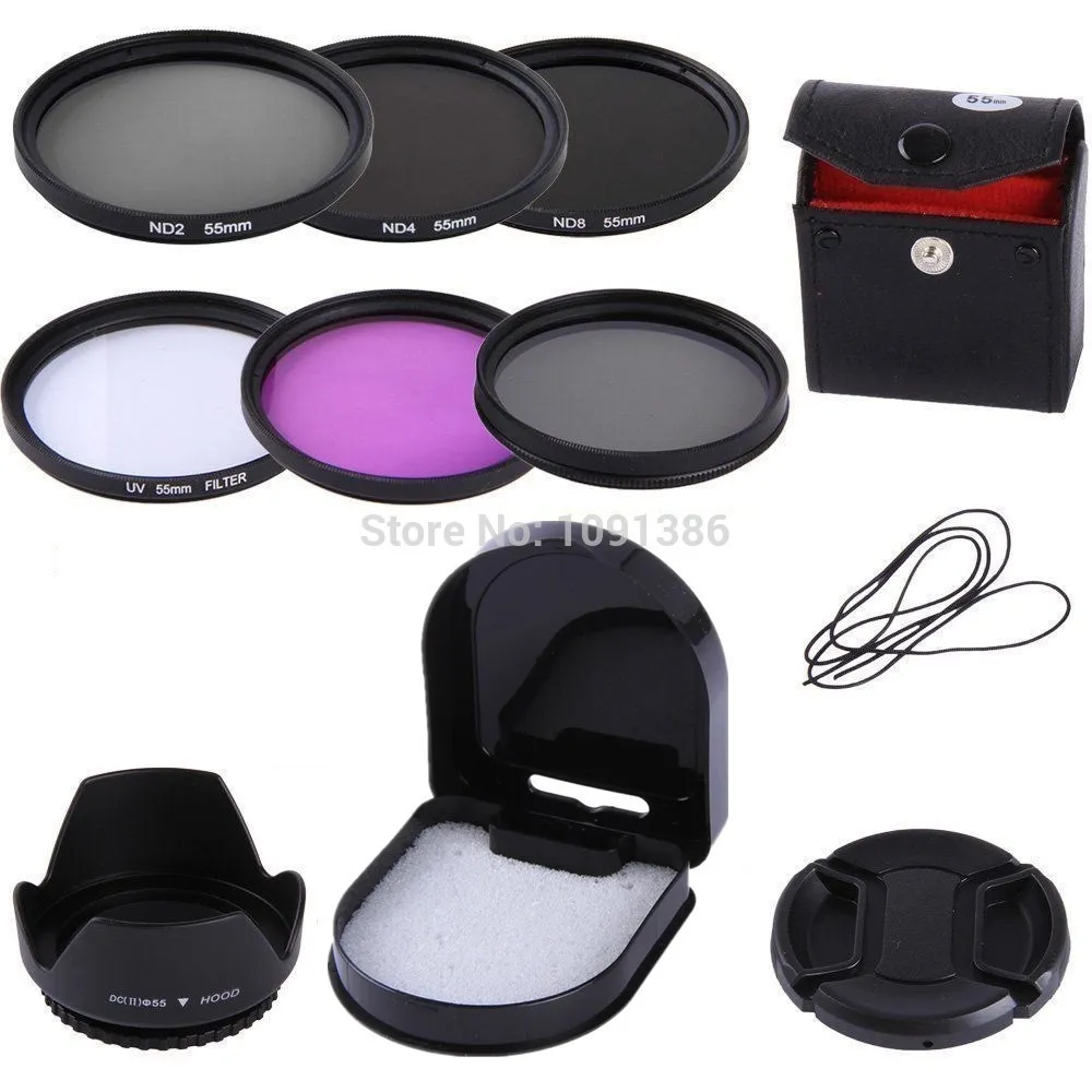 55mm UV CPL FLD ND2 ND4 ND8 lens Filter Kit + 55 mm Lens Hood + 55mm