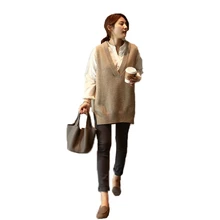 FRSEUCAG 19 жилет женский вязаный кашемировый без рукавов Длинный секционный v-образный Вырез Свободный жакет свитер женский пуловер