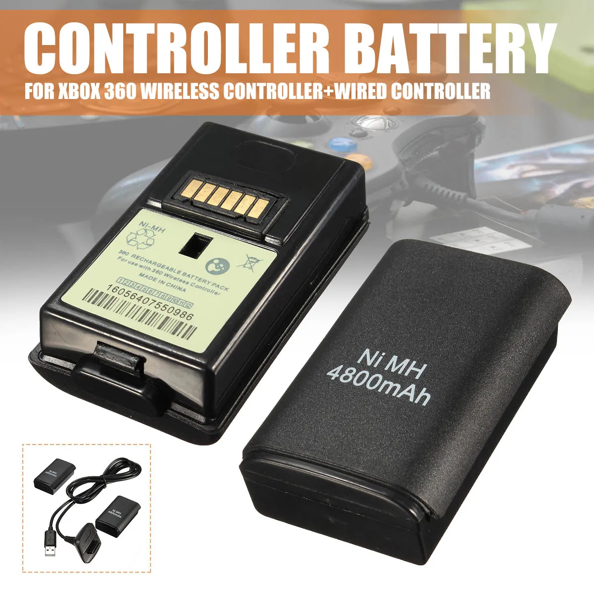 

2pcs 4800mAh Rechargeable For Xbox 360 Wireless/Wired Controller Battery Pack Kit + USB Charging Cable Black Voltage 3.7V