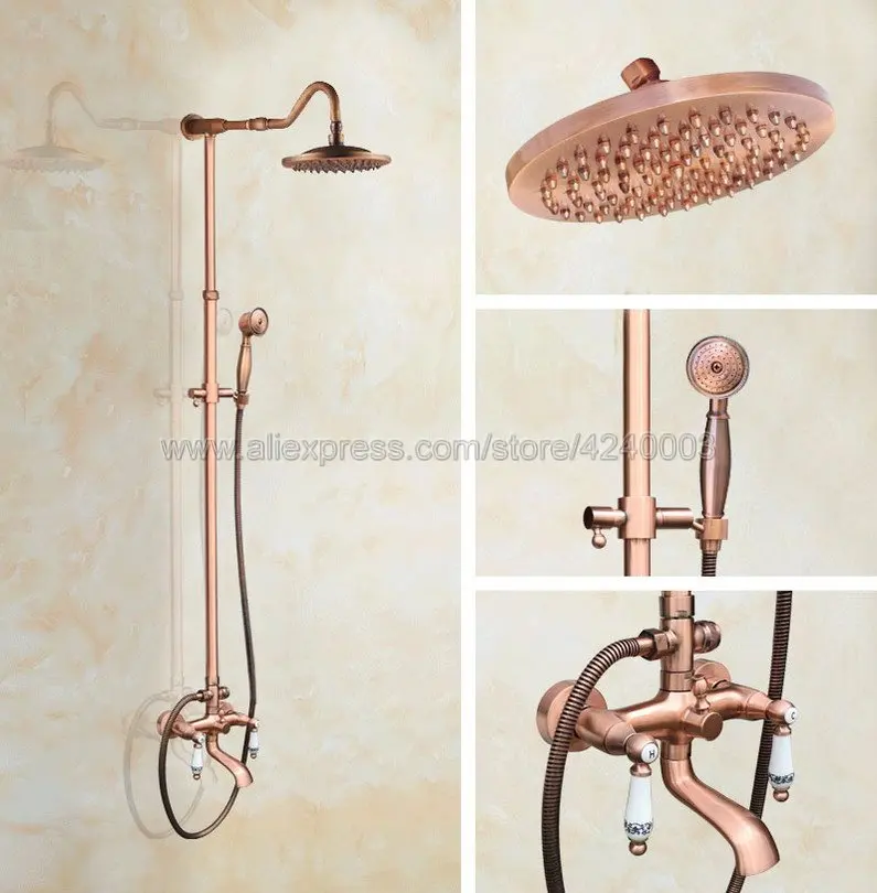 

Antique Red Copper Bathroom Rainfall Shower Faucet Set Dual Handle Mixer Tap With Hand Sprayer Wall Mounted Krg643