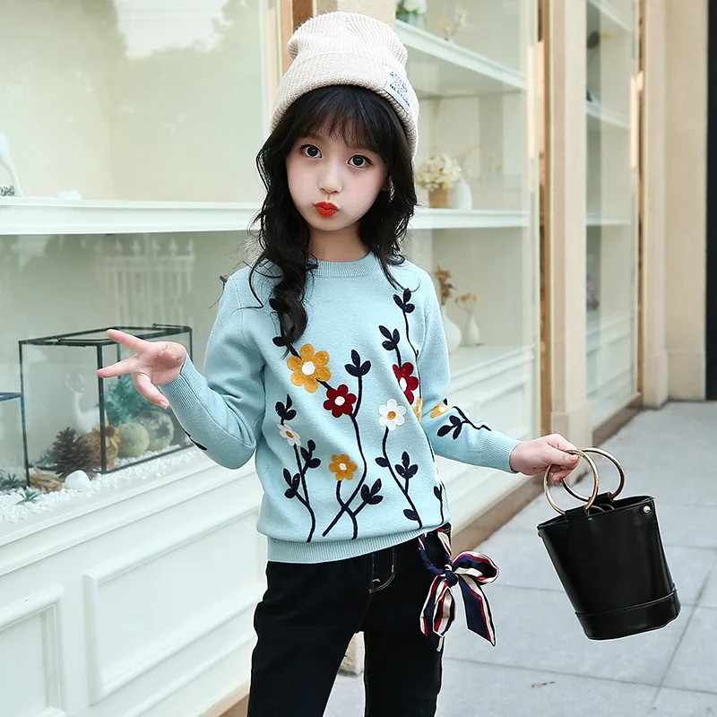 

Kids Clothes 2019 new Spring Autumn winter O-neck Long Sleeve Girls Sweater Flowers Thick sweater 3-12 Baby Girl Clothes