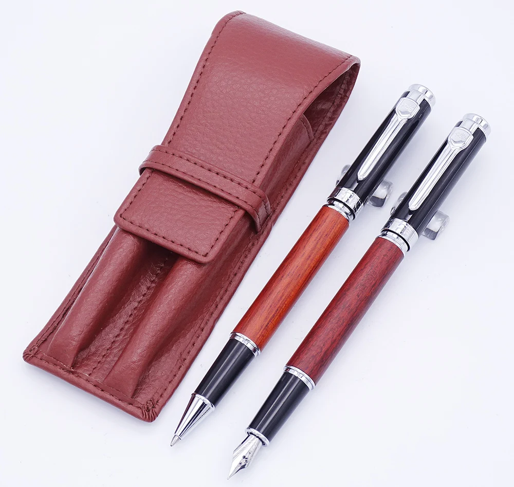 Jinhao 8802 Redwood Fountain Pen & Rollerball Pen with Real Leather Pen Case Bag Washed Cowhide Pen Case Holder Writing Gift Set