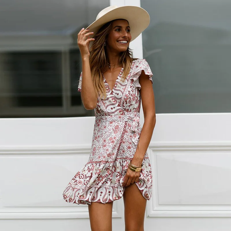 

BellFlower V Neck Ruffle Bohemian Dress Women Summer Festa Bandage Sexy Dress Girls 2019 Floral Elegant Holiday Beach Sundress