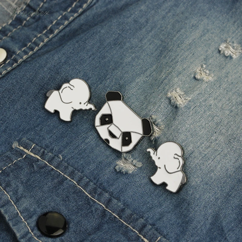 

1pc cartoon panda elephant metal badge brooch button pins denim jacket pin jewelry decoration badge for clothes lapel pins