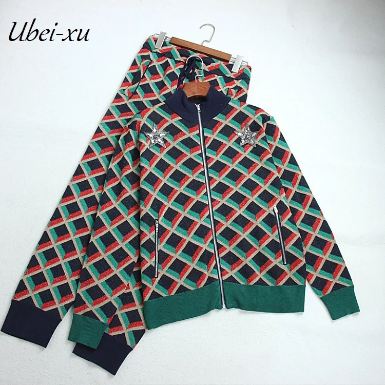 

Ubei2018New Autumn Women semi turtleneck star beading patchwork knitted zipper jacket+pocket pants plaid print casual sport sets