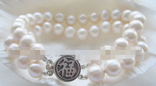 

huij 001246 Beautiful 8" 2row 9-10mm natural white round freshwater pearl bracelet- 925silver