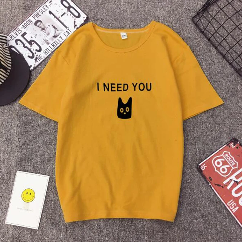 أحتاجك طباعة T قميص امرأة الربيع الصيف نمط جديد قصير الأكمام يا الرقبة المرأة قمم المحملات عارضة ضئيلة امرأة T قمصان