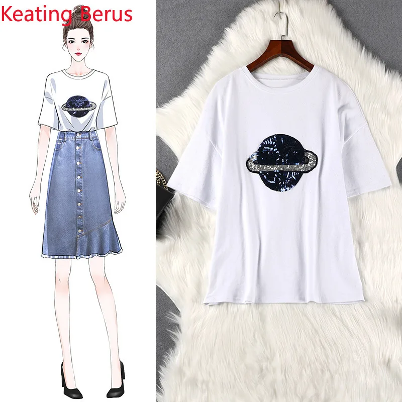 

2019 Women's Summer T-shirt White Loose 5XL Ladies Summer Long Paragraph Wild Planet Beaded Pattern Ladies Summer Tops 1101