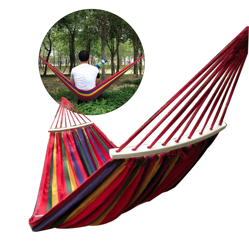

New 260*150cm 2 People Outdoor Canvas Camping Hammock Bend Wood Stick steady Hamak Garden Swing Hanging Chair Hangmat Blue Red
