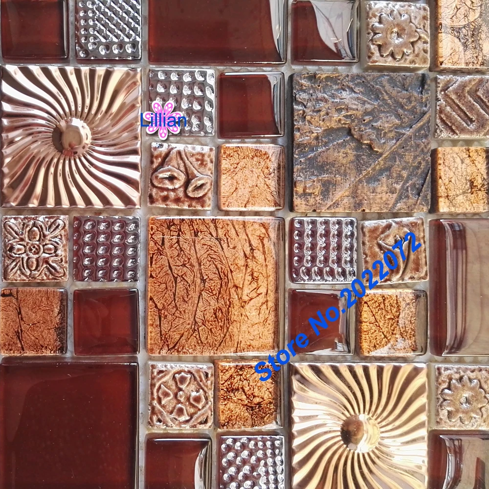 Glass mental tile brown southwest style stainless backsplash kitchen