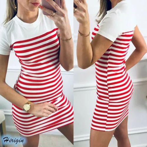 

Summer Casual Women Striped Mini Dresses 2019 New Women Summer Short Sleeve O-Neck Slim Striped Mini Dress