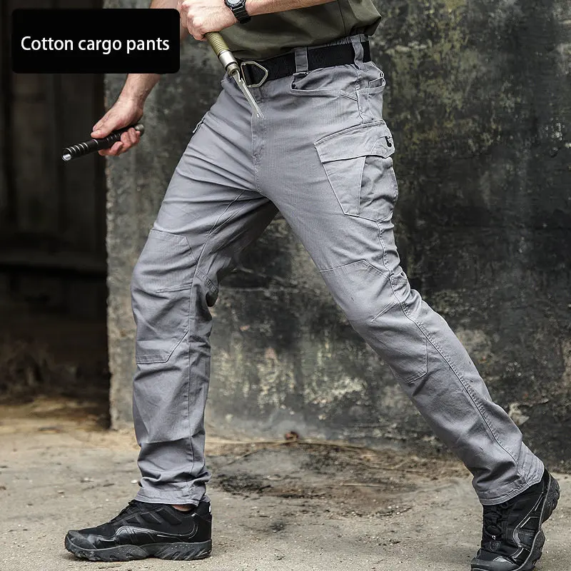 Походные тактические брюки-карго, мужские армейские военные брюки, хлопковые брюки с множеством карманов, эластичные мужские повседневные брюки - Цвет: Gray