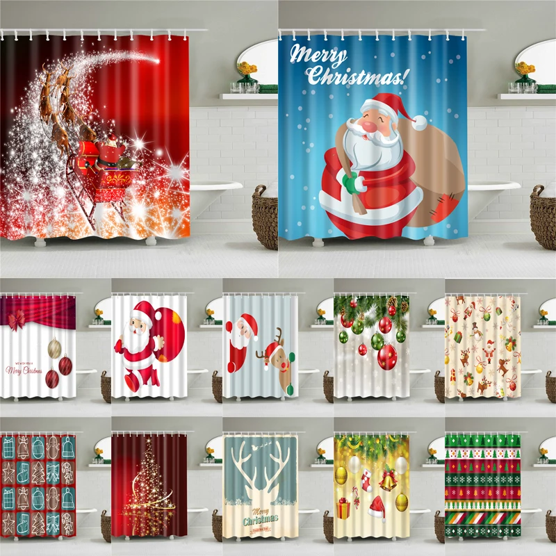 

Waterproof Polyester Shower Curtains Bathroom Curtain Set with 12 Hooks Christmas Decorations for Home Bath Screen