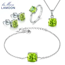 LAMOON Real S925 стерлингового серебра природные драгоценные камни Зеленый Перидот комплекты украшений для женщин изысканное украшение на свадьбу аксессуары V018-1