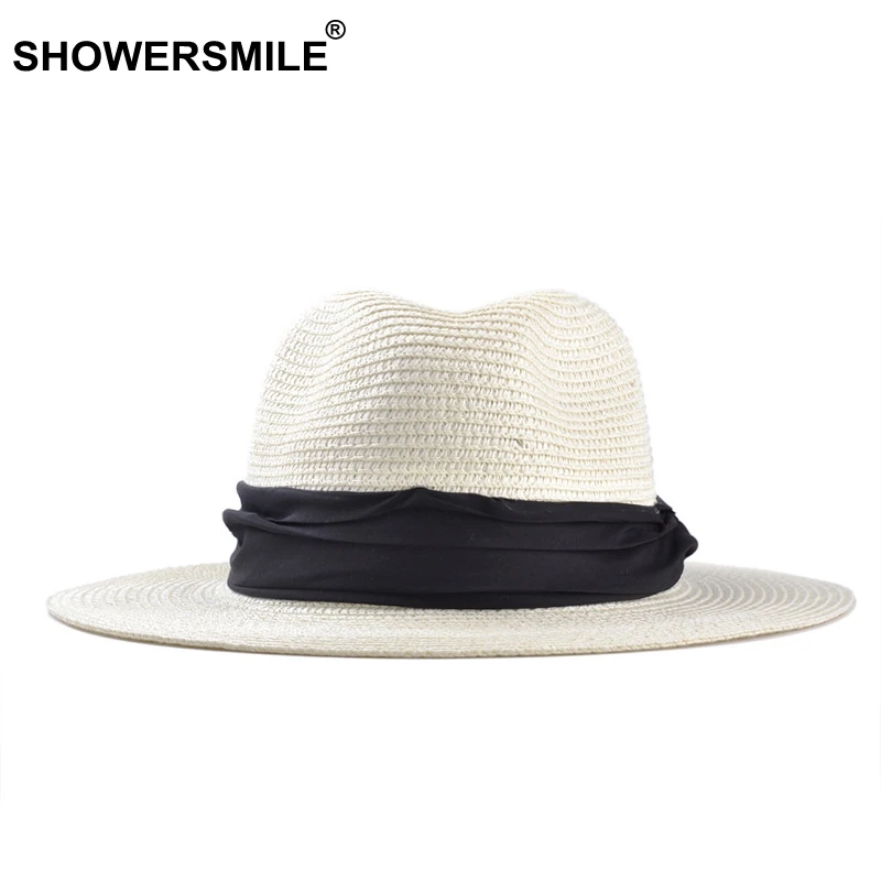SHOWERSMILE, брендовые соломенные шляпы для женщин, Панама, шляпа бежевого и белого цвета, мужская пляжная Повседневная шляпа с широкими полями, летняя Гавайская модная шляпа от солнца