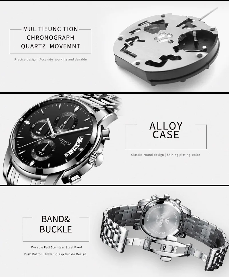 High-end Luxury Men's Luminous Waterproof Watch NIBOSI Fashion Color in Multiple Colors Multifunctional Stainless Steel Calfskin (3)