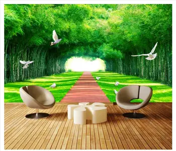 

Custom photo wallpaper for walls 3 d murals Idyllic landscape green bamboo forest aisle pigeons wall paper decoration painting