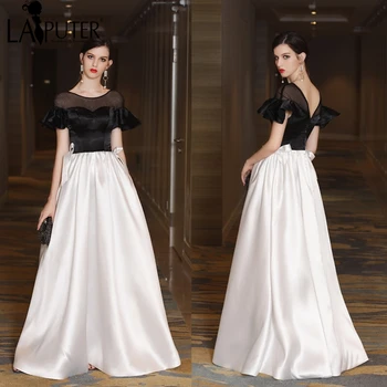 

Laiputer Women Black Prom Dresses 2018 Short Sleeves Vestido de Festa Black and Ivory Long V-backless Special Occasion Dresses