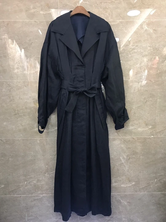 

2019 Early autumn new women's suit tie waist decoration long-sleeved pure linen windbreaker coat 724