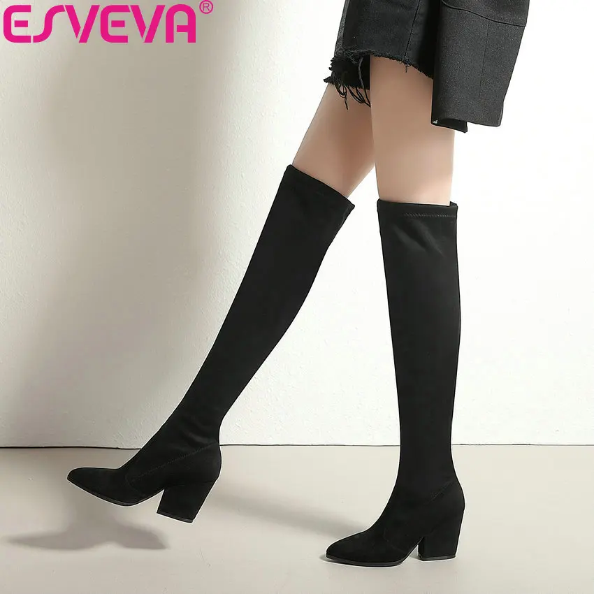 Najtaniej ESVEVA 2020 kobiet buty wiosna jesień nad kolana buty Stretch tkaniny Sexy Pointed Toe modne szpilki buty rozmiar 34  43