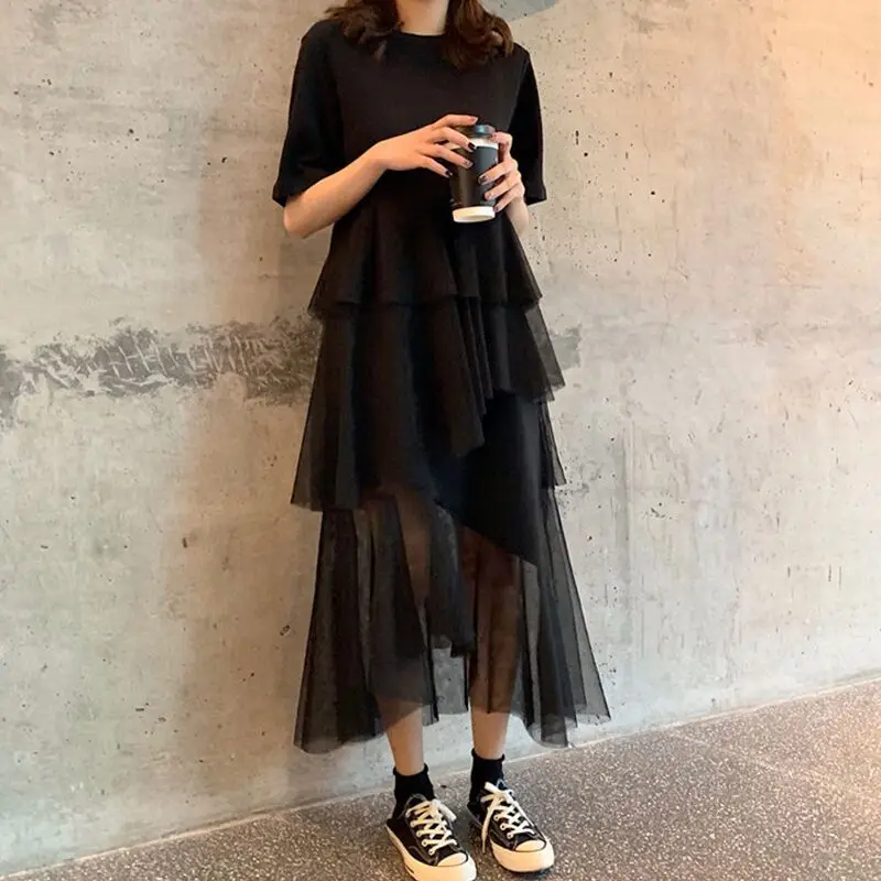 

Summer Korean Splicing Pleated Tulle T shirt Dress Women Big Size Black Gray Color Clothes New Fashion 2019