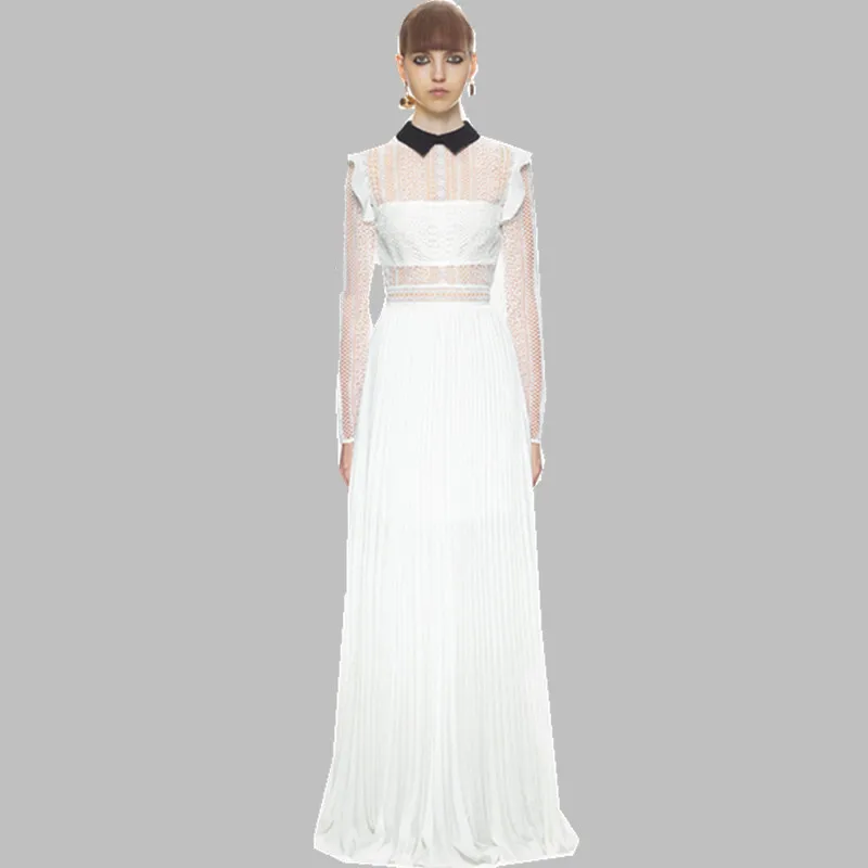

2019 Women High-end Custom Self Portrait White Long Dress Female Long-Sleeved Lace Chiffon Patchwork Pleated Maxi Split Dress