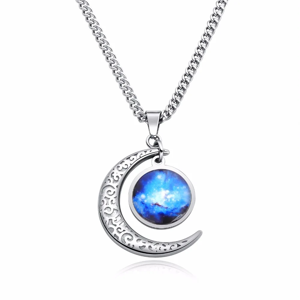 2018 Men Star Moon Necklace Vintage Blue Moonlight Stone Pendant For