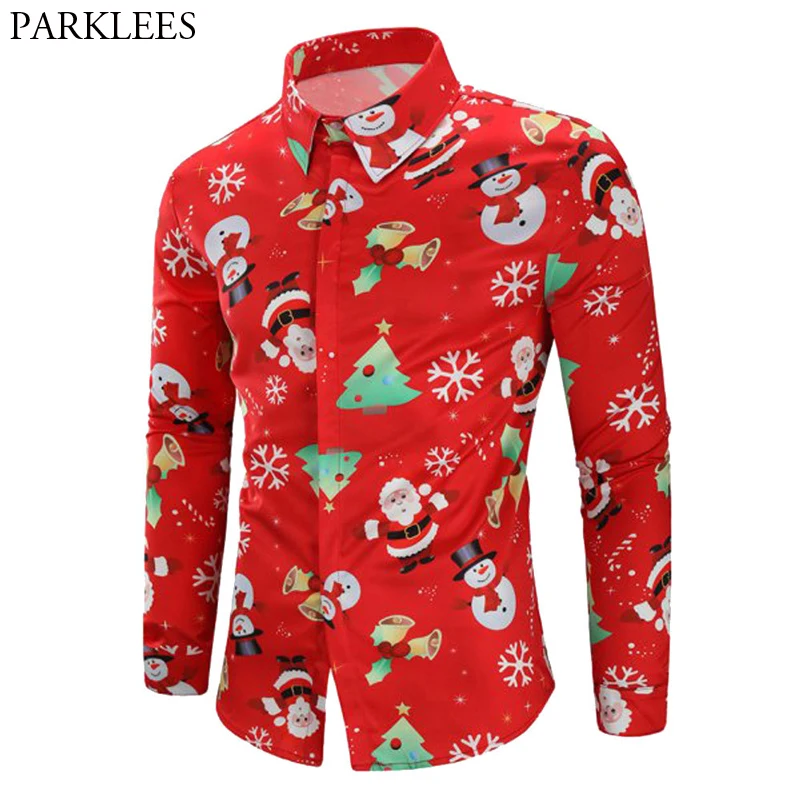 

Red Christmas Party Shirt Men 2018 Fashion Xmas Tree Santa Print Long Sleeeve Shirt Male Casual Slim Fit Christmas Blouse Man