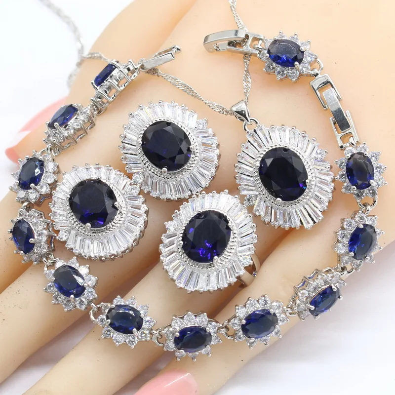 

2018 Oval Dark Blue Semi-precious Women Silver Jewelry Sets Necklace Pendant Earrings Rings Extended Bracelets Birthday Gift