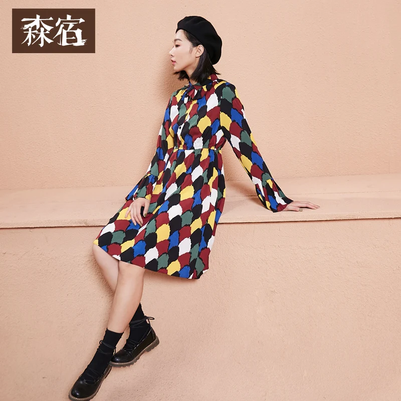 Samstree Winter Vintage Women Dress Pop Pattern Printed Female Vestidos Turn-down Collar Button Young Ladies Dress