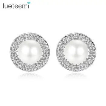 

LUOTEEMI Brand Design Round Stud Earrings for Women Anniversary Micro Cubic Zircon Imitation Pearl Fashion Jewelry Femme Bijoux