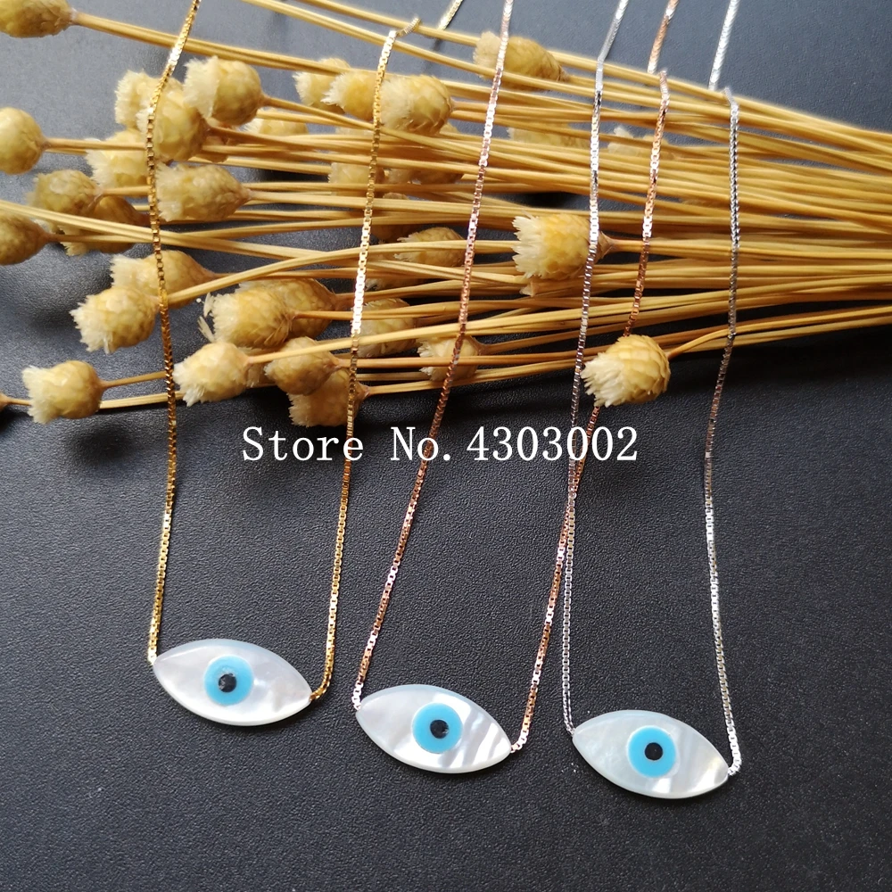 

promotion! 925 Sterling Silver Marquise Pearl Shell Necklace Adjustable Marquise Blue Evil Eye MOP Shell Pendant for Gift