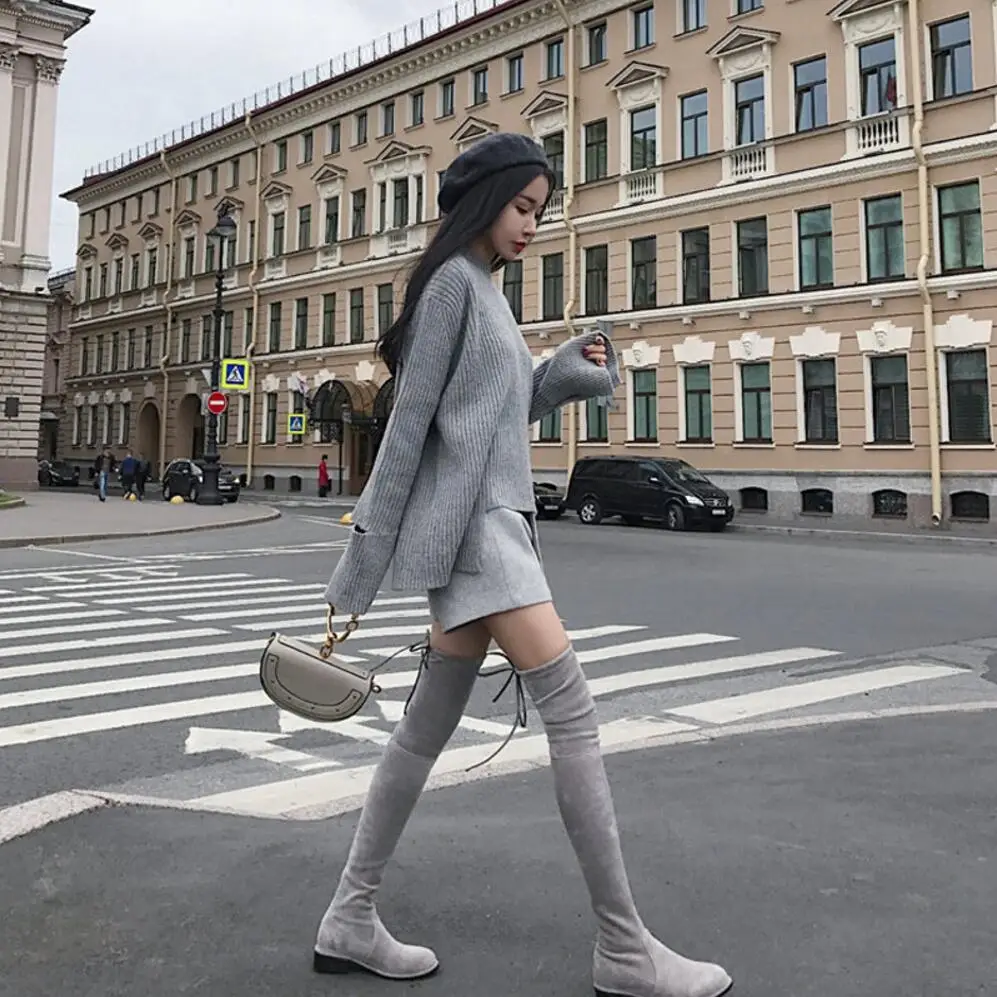 2018 AUTUMN Winter 2 Pieces Sweater Dress Set Women Long Sleeve Office Wear Casual Gray Pullover Knitted Dresses Clothing Suit