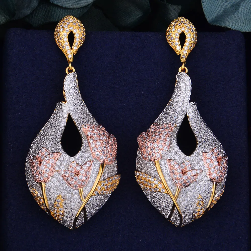 

GODKI 63mm Luxury Tulip Flower Full Micro Cubic Zirconia African Engagement Party Dress Earring Fashion Jewelry for Women